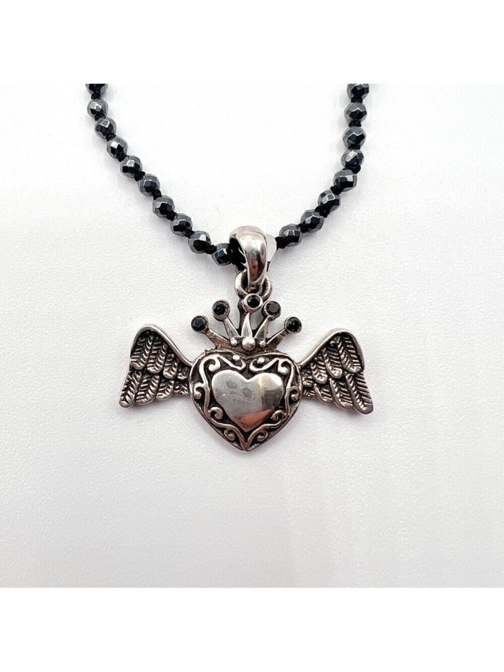 28 inch hematite necklace with solid silver Heart Angel pendant